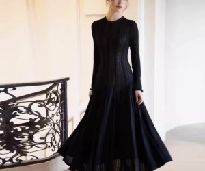 Elegant Long-Sleeve Lace Evening Dress, White & Black Polyester Fiber