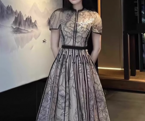 Round Neck Short Sleeve Lace Dress with 3D Floral Mesh Embroidery, Polyester Fiber