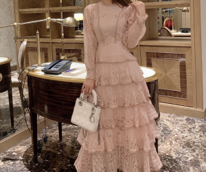 Pink Lace Embroidery Patchwork Layered Cake Dress, Long Sleeve