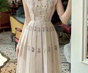 V-Neck Sleeveless Floral Embroidered Beaded Dress, Off White Polyester Fiber