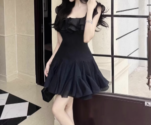 Square Neck Ruffle Petal Strapless Dress, White | Black | Pink Polyester Fiber