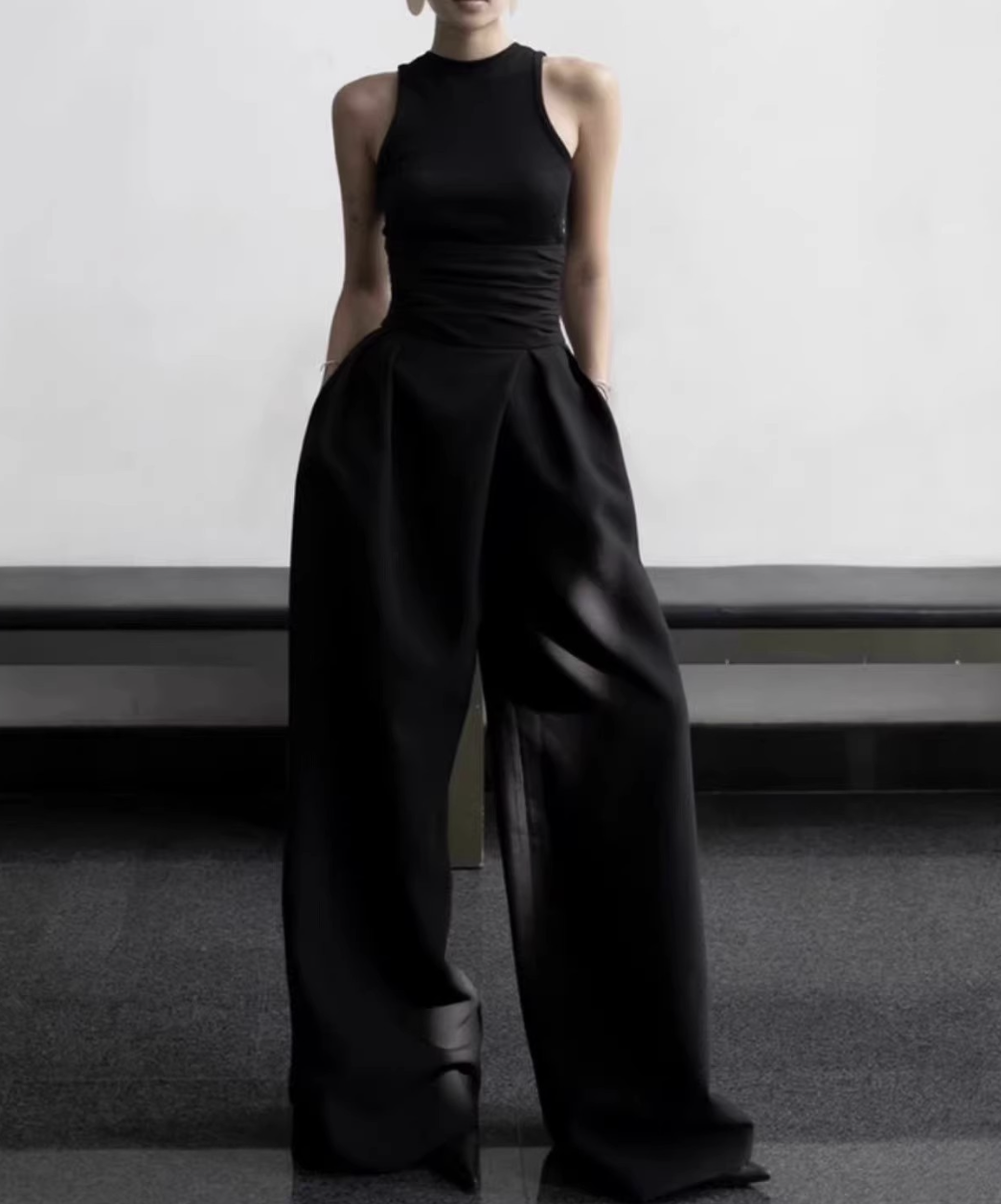 Stretch Sleeveless Vest Top with Pleated Wide-Leg Pants Set, Black Polyester Fiber - Image 2