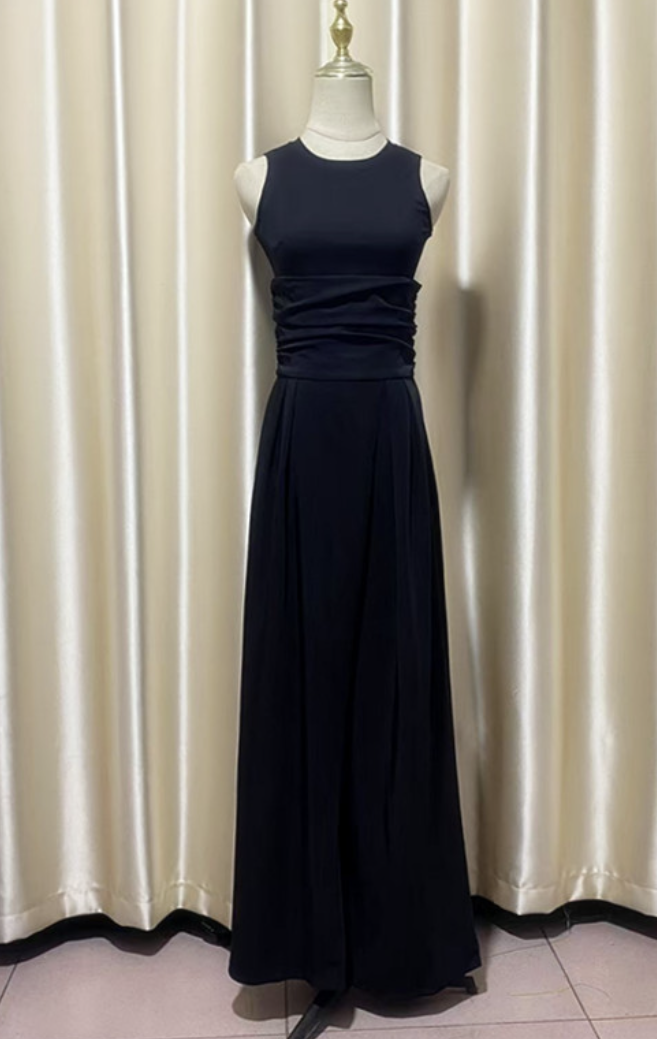 Stretch Sleeveless Vest Top with Pleated Wide-Leg Pants Set, Black Polyester Fiber - Image 9