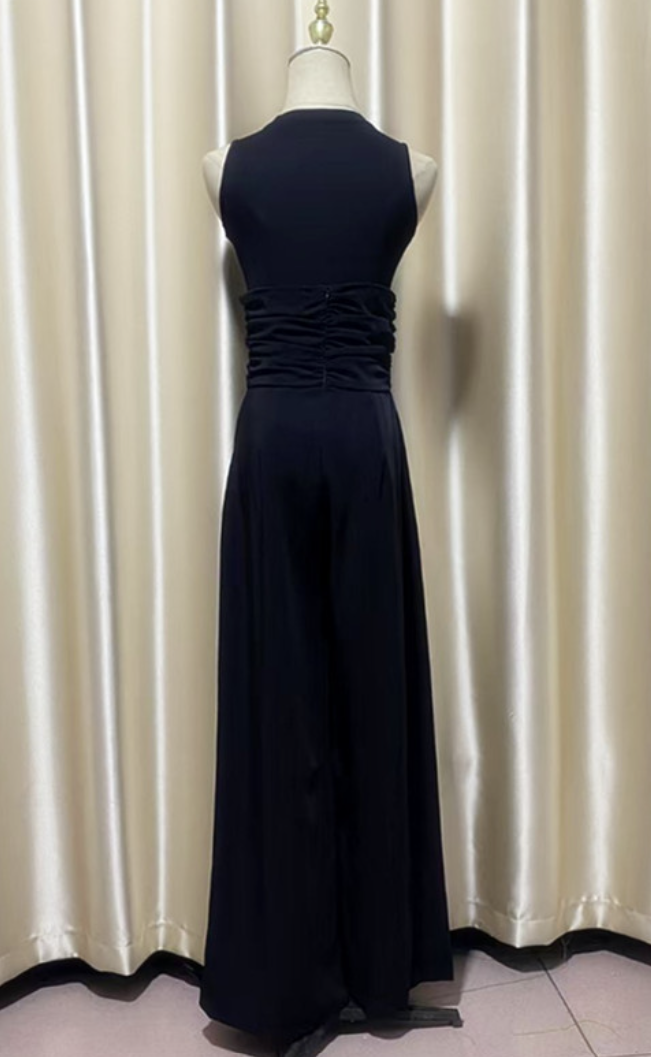 Stretch Sleeveless Vest Top with Pleated Wide-Leg Pants Set, Black Polyester Fiber - Image 4