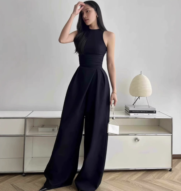 Stretch Sleeveless Vest Top with Pleated Wide-Leg Pants Set, Black Polyester Fiber