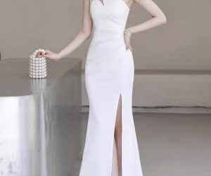 One-Shoulder Mermaid Evening Dress with Gathered Slit, White Polyester Fiber