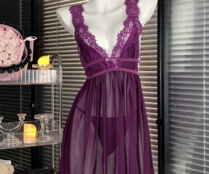Deep V-Neck Mesh Camisole Nightgown – Backless, Lightweight & Elegant
