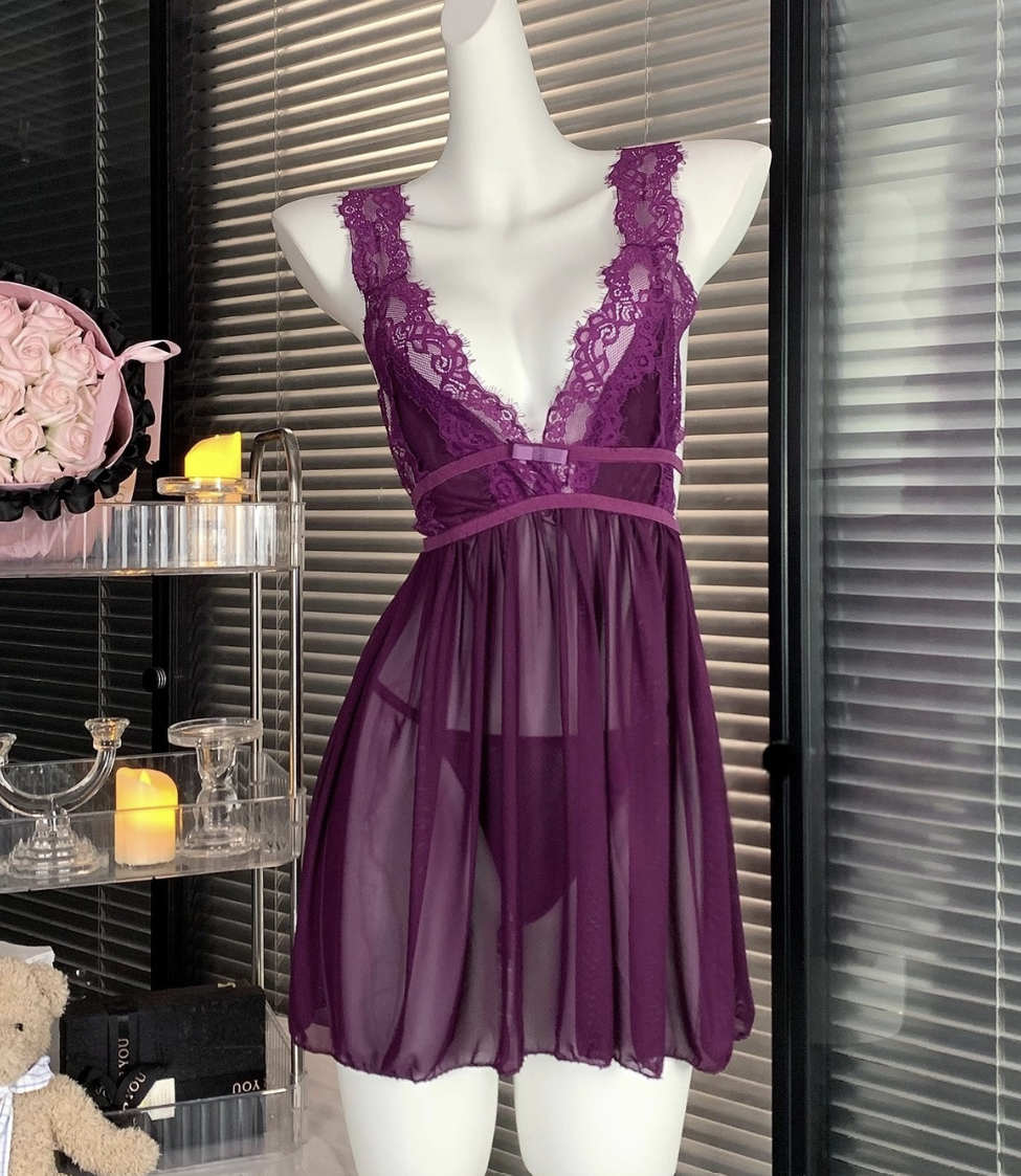 Deep V-Neck Mesh Camisole Nightgown – Backless, Lightweight & Elegant