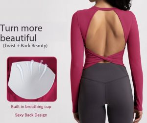 Women’s Long-Sleeved Backless Yoga Top, Stretch Fit & Breathable Comfort